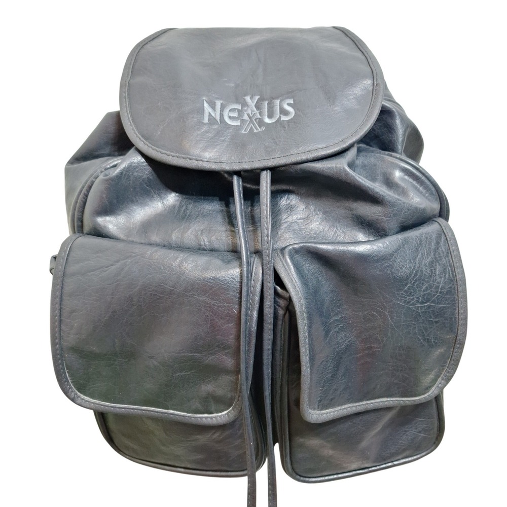 Nexus Backpack Black Faux Leather Vintage Drawstring Flap Pockets Large Size